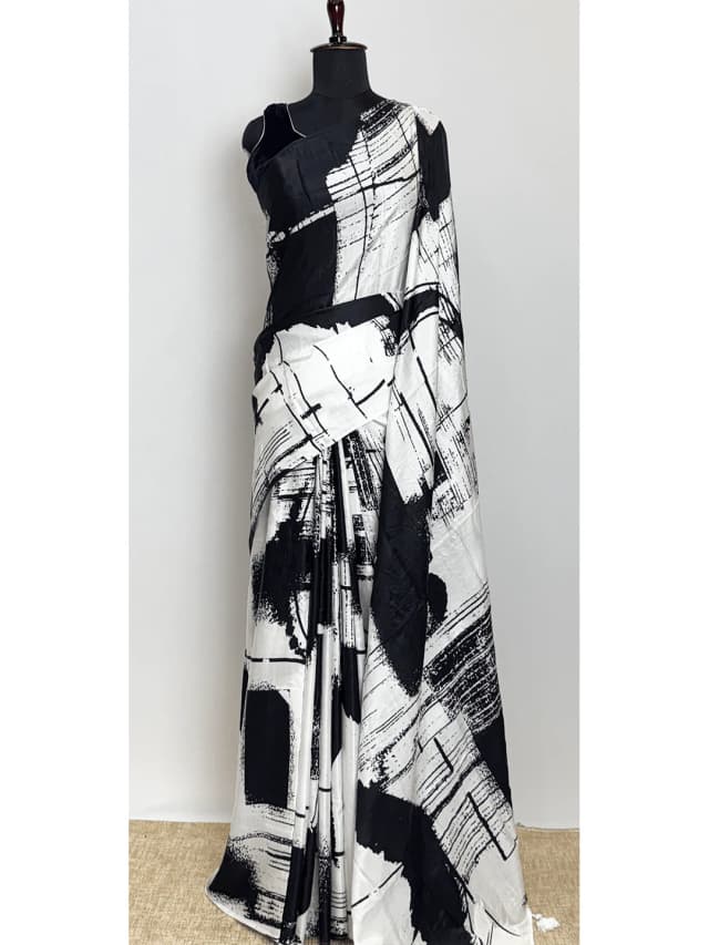 Satin Printed (Aditya Birla Fabric) - White & Black Colour - QS213527