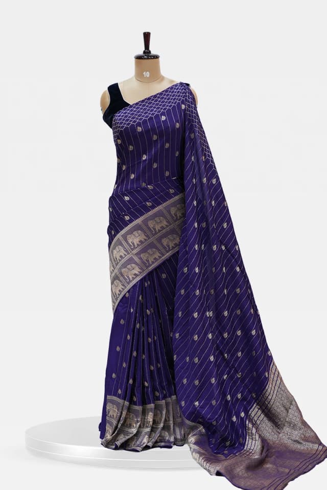 Royal Blue Banarasi Silk Saree with Silver Zari Elephant Border QS253411