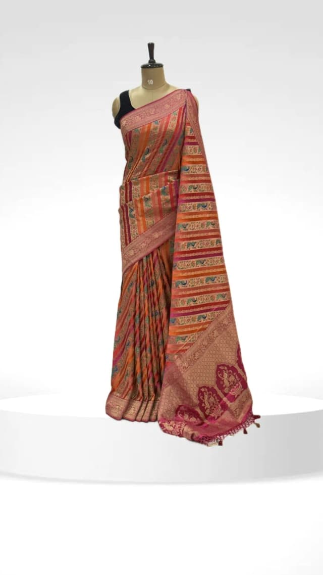 Rangkat Banarasi Saree Multicolor with Peacock & Floral Motifs and Pink Zari Border QS248752
