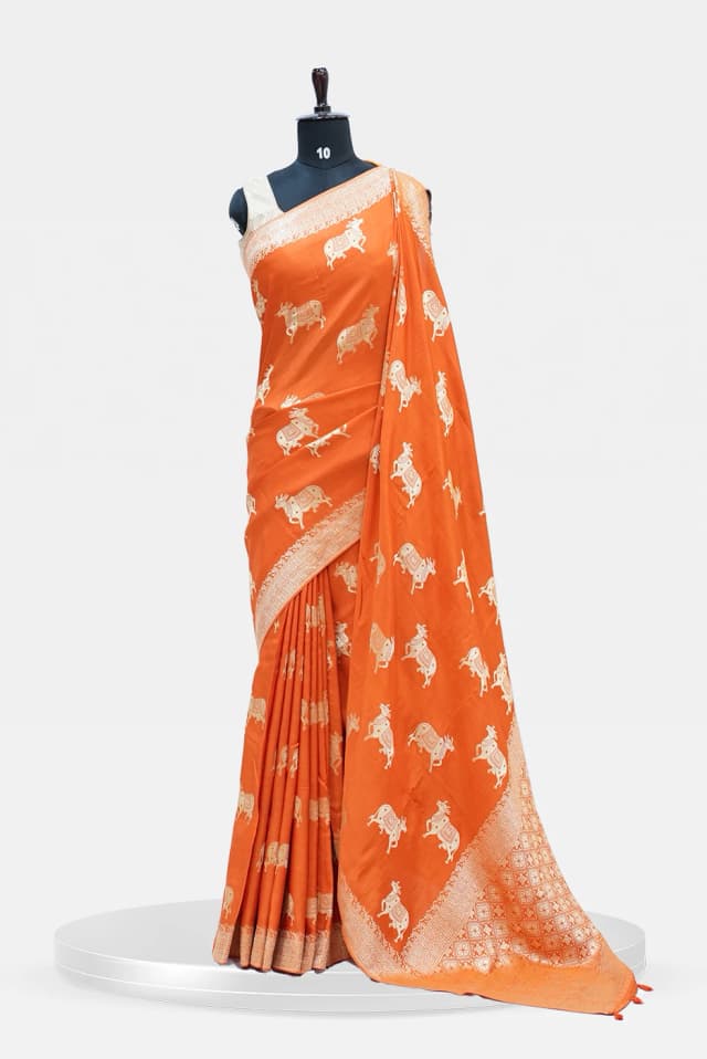 Dola Pichwai Cow  Motif Vibrant Orange Silk Saree QS248132