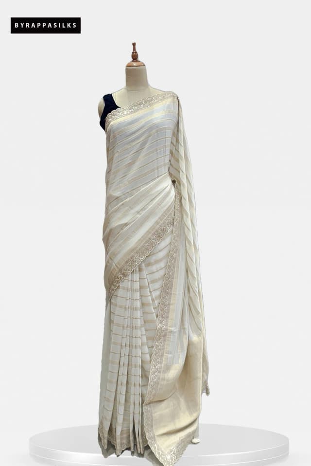 White & Gold Striped Georgette Saree