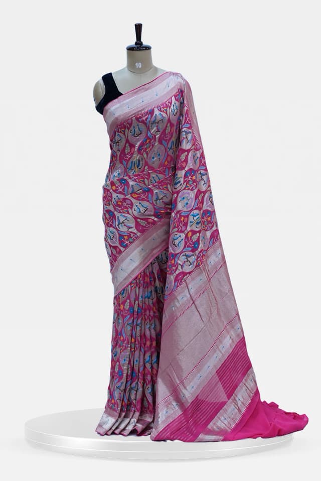Charming Light Pink Banarasi Silk Saree with Multicolor Floral Weave QS248728