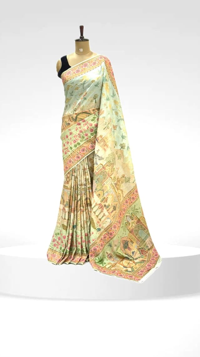 Munga Silk Light Blue & Pink with Village Theme QS236350