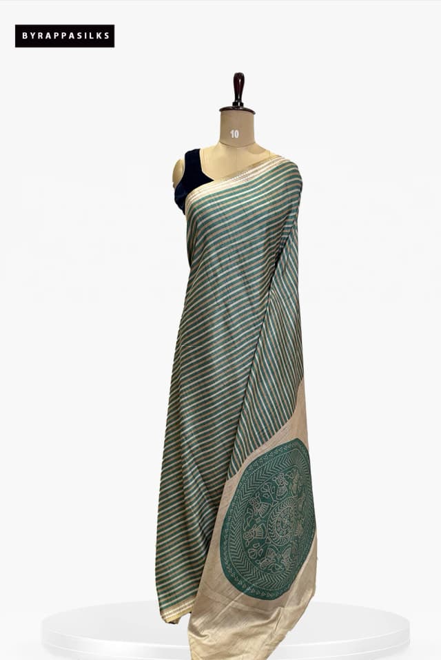 Semi Tussar Saree Diagonal Strip Design Green  QS267818
