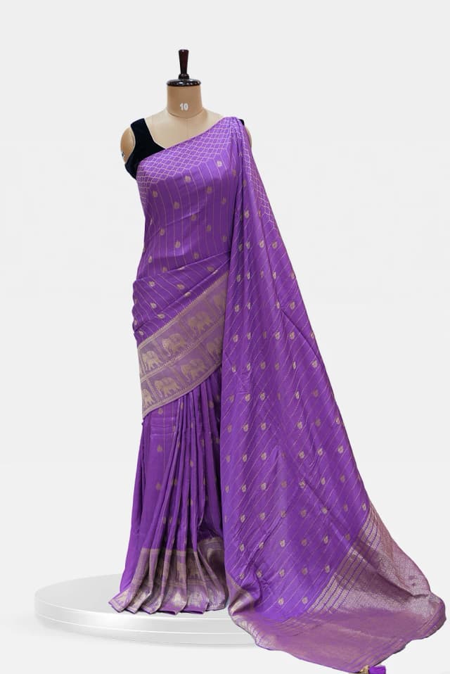 Purple Banarasi Silk Saree with Golden Zari Elephant Border QS253216