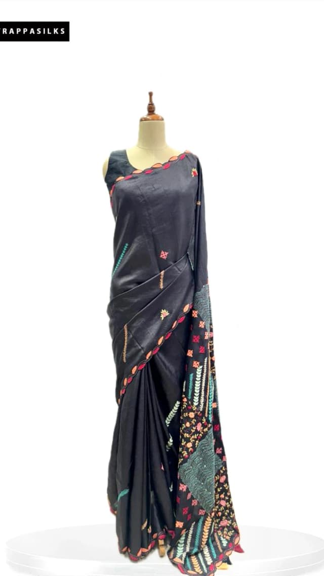 Pure Tussar saree Black with Embroidery  QS278730