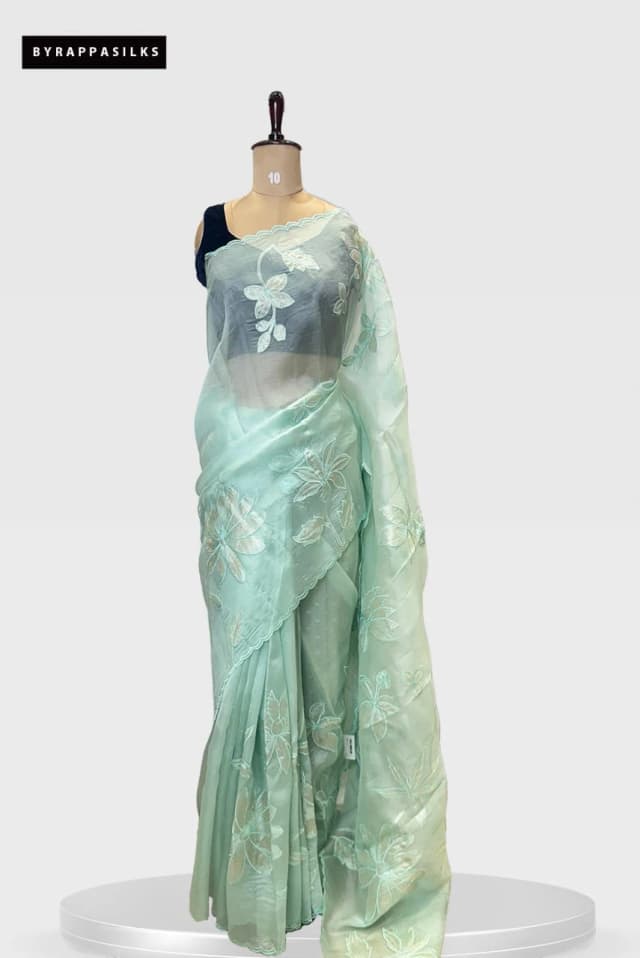Pure Organza Green  Aplic Work Saree. QS280443