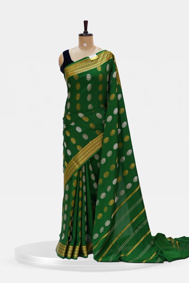 Pure Mysore Silk with Golden and Silver  Bhutta Green QS251228