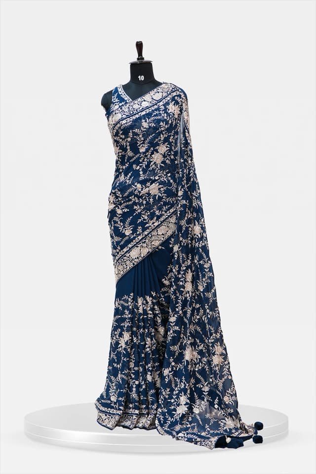 Partywear Banarasi  Saree Navy Blue with blouse  - QS246332