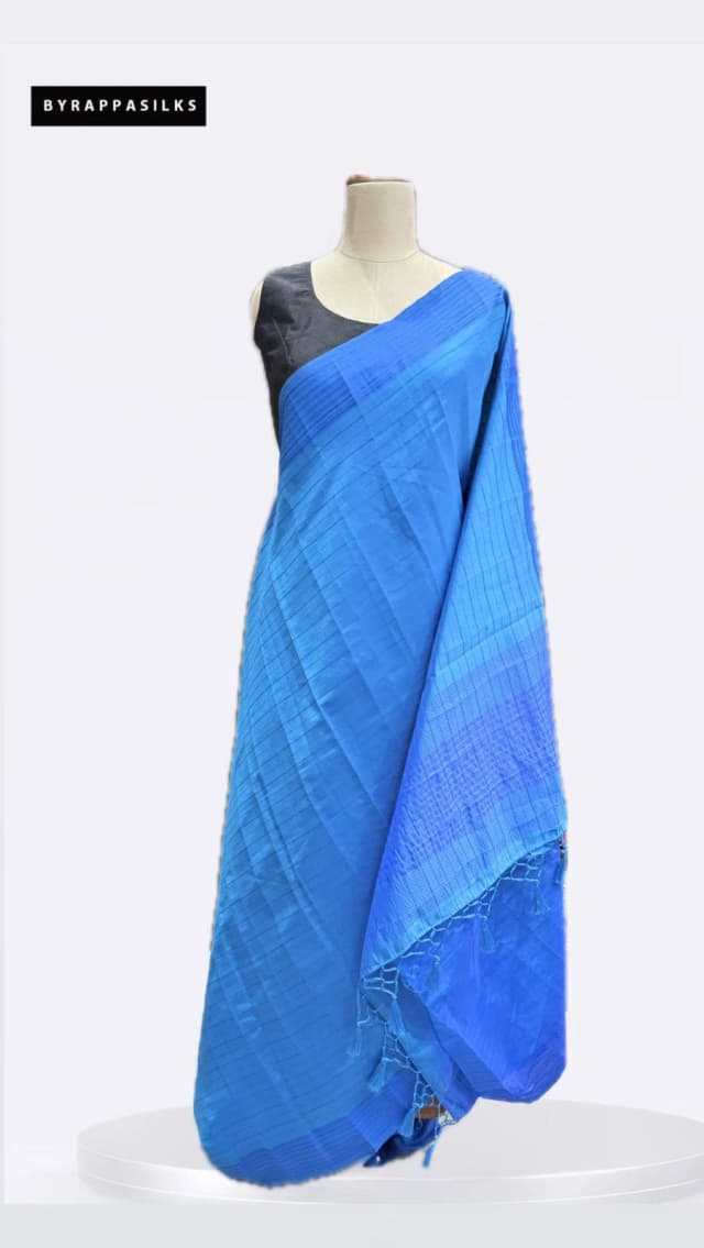 Semi Tussar Saree Blue  Stripes QS273703