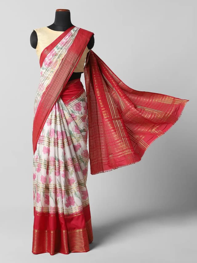 Munga Crape Printed Sarees -White with Red Colour QI202669