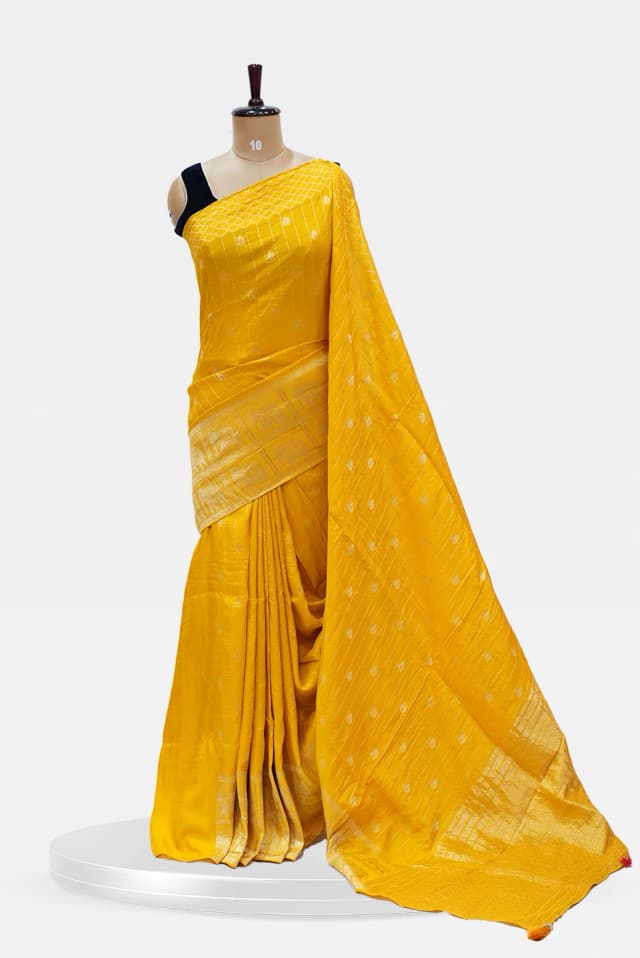 Yellow Banarasi Silk Saree with Golden Zari Elephant Border QS253219