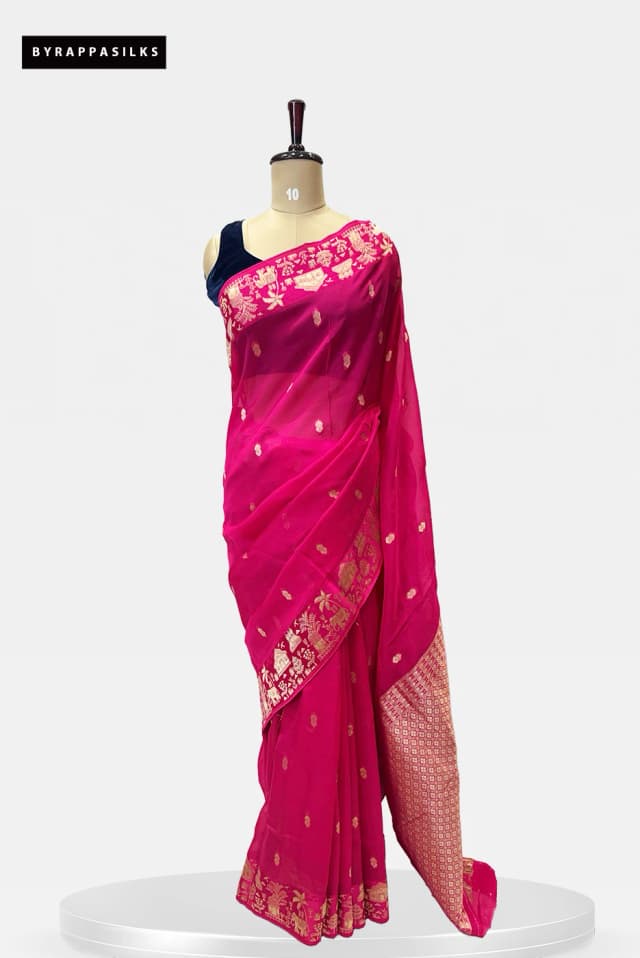Organza Saree With Satin Banarasi Border Rani Pink QS261384