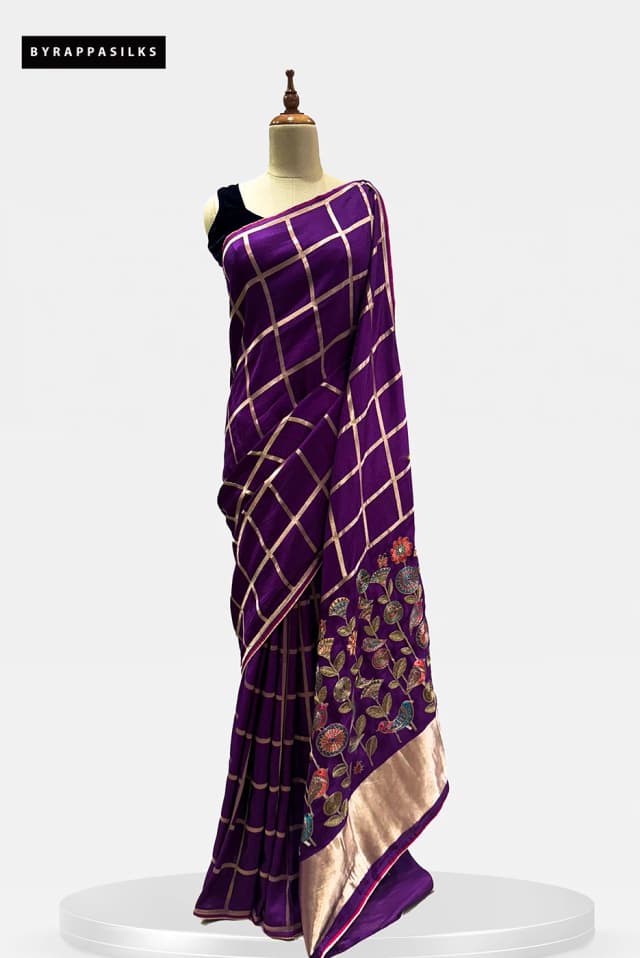 Purple Saree Zari Checks & Floral Border QS287946