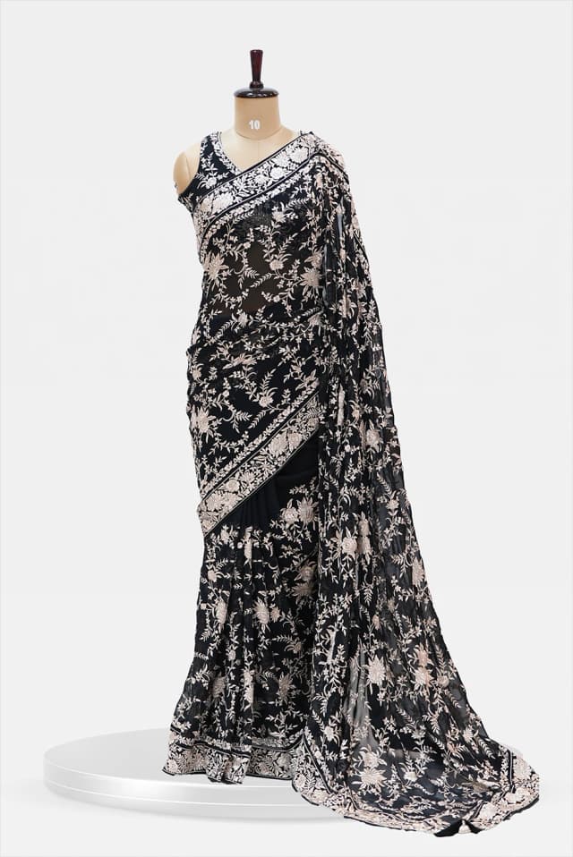 Partywear Banarasi  Saree Deep black with blouse  - QS246333