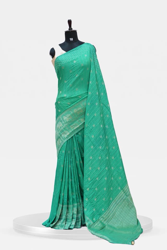 Green Banarasi Silk Saree with Golden Zari Elephant Border QS253433