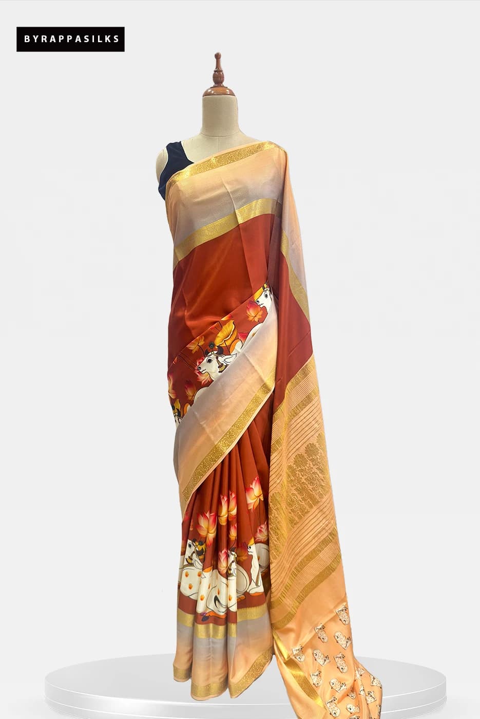 Mysore Silk Pure Crape Saree Rust Orange Pichwai Print  QS290886