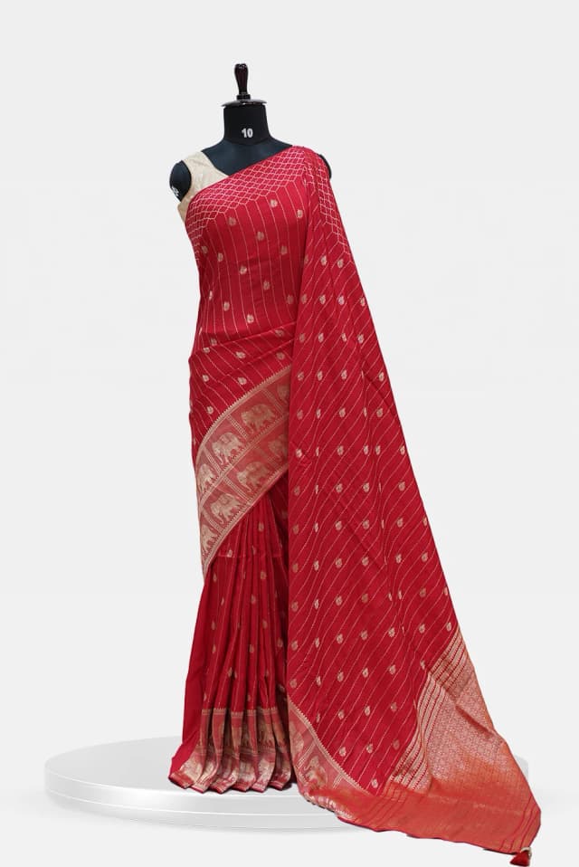 Red Banarasi Silk Saree with Golden Zari Elephant Border QS253435