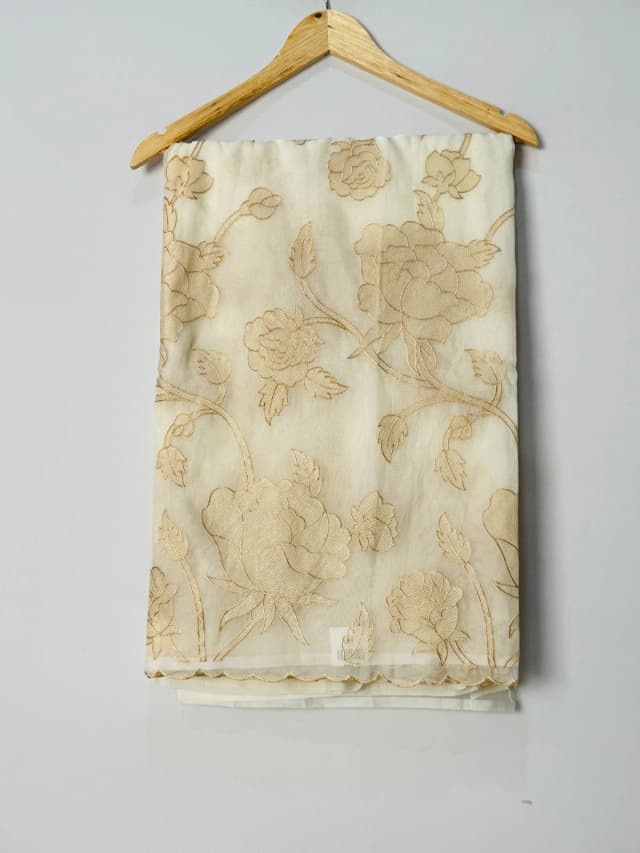 Semi Organza Aplic white Cream Saree Qs254442