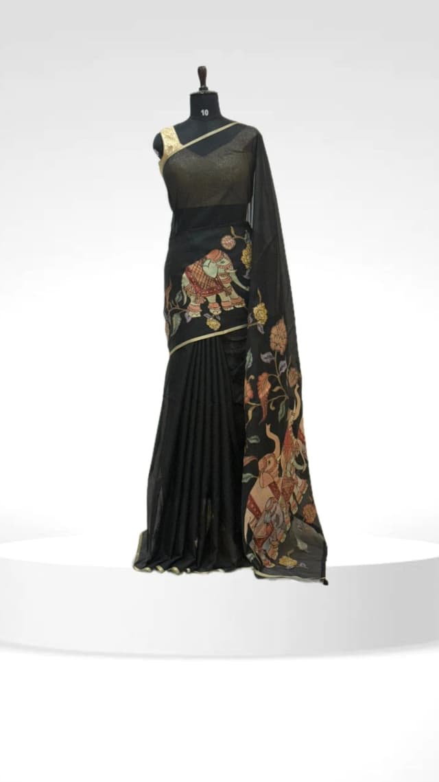 Kora Aplic Black Saree Elephant Motif QS240026