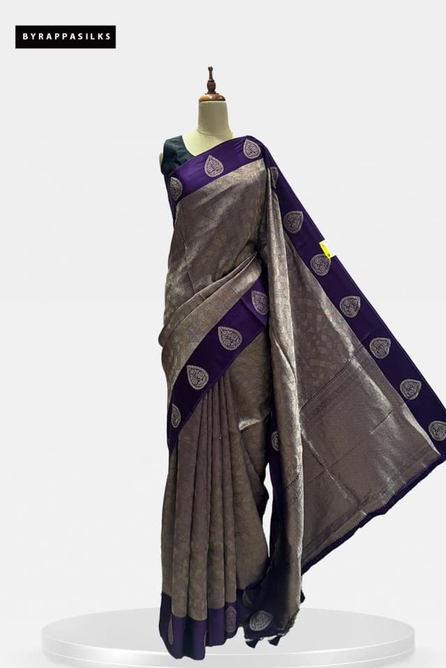Tissue Saree with satin Border Grey Colour Saree Purple Border QS287721