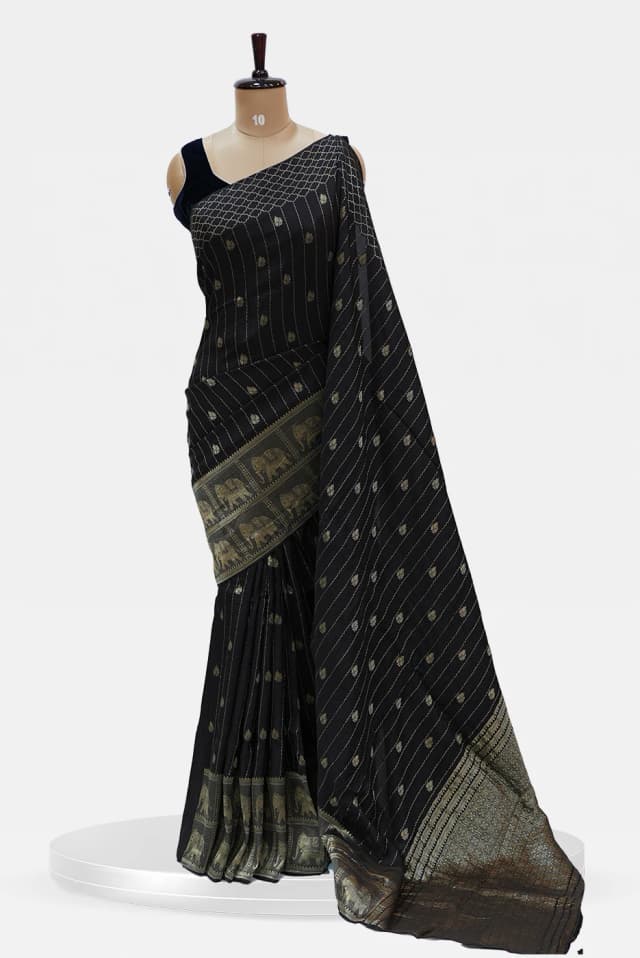 Black Banarasi Silk Saree with Golden Zari Elephant Border QS253410