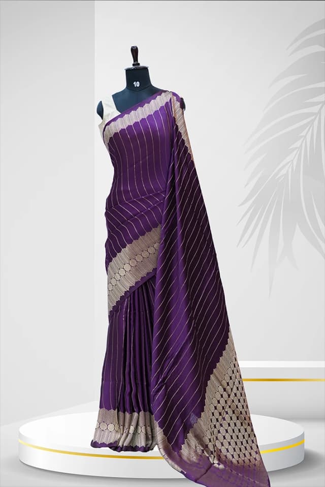 Satin Saree Modern Gold Zari Stripes And Geometric Pallu With Royal Purple QS236754