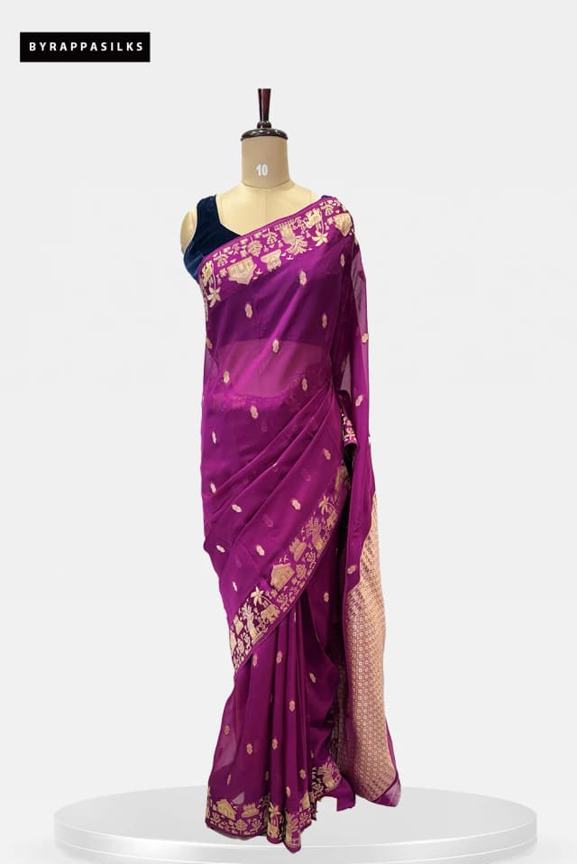 Organza Saree With Satin Banarasi Border Royal Purple QS261385