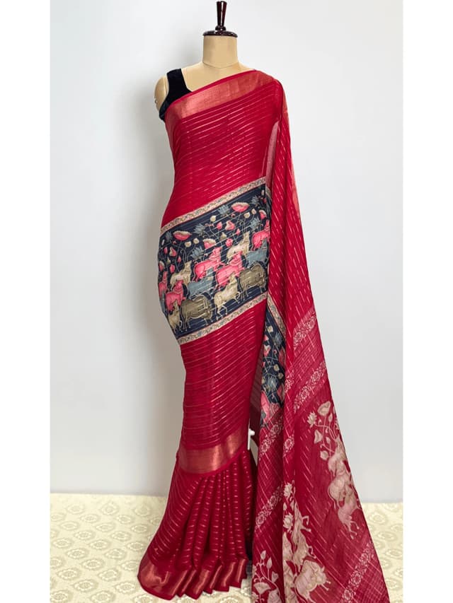 Semi-Crape Stripes & Printed Saree - Red Colour - QS217954