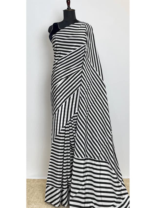 Satin Printed Aditya Birla Fabric  - White & Black Colour - QS213580