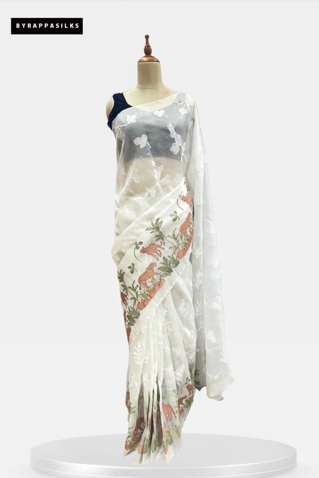 Floral Organza White Forest Leopard Motife Saree Floral Design QS289632