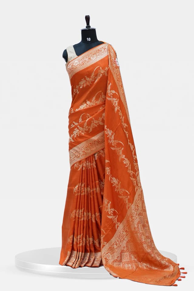 Dola Peacock Motif Orange Banarasi Silk Saree QS248075