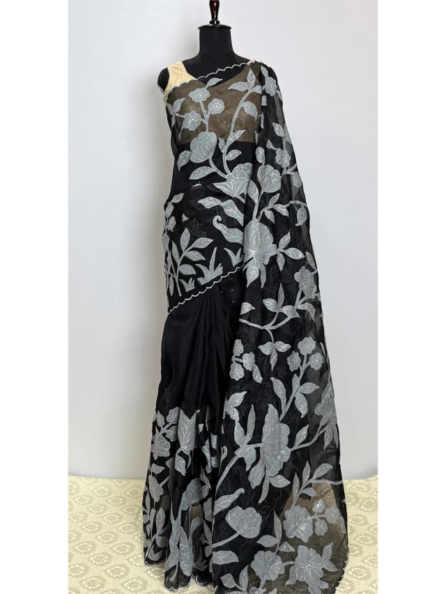 Pure Organza Saree - Black Colour - QS217921