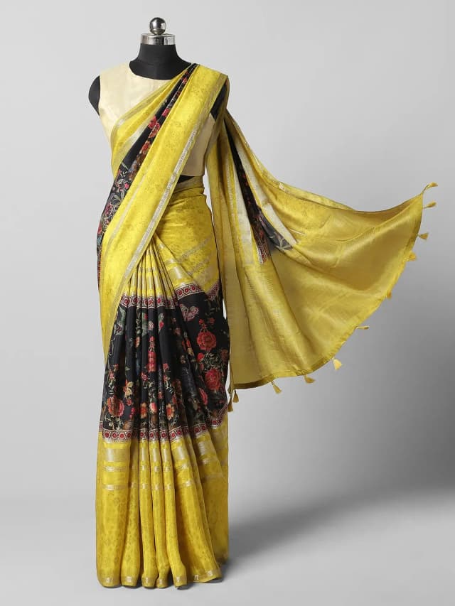 Semi-Crape Saree With Yellow & Black QI202566