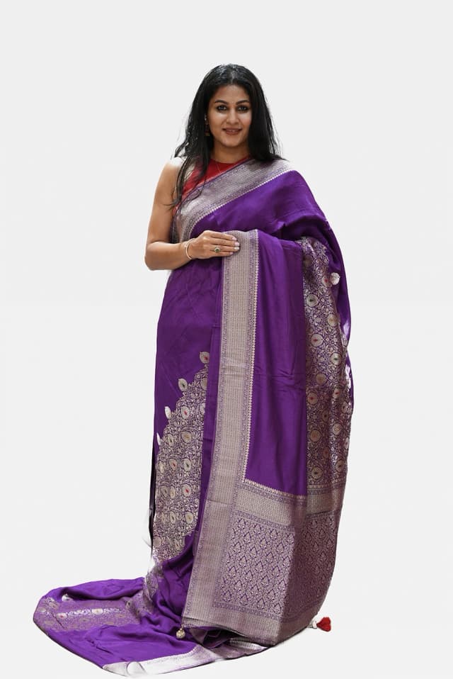 Royal Purple Meenakari Silk Saree with Intricate Zari Weaving QS253746
