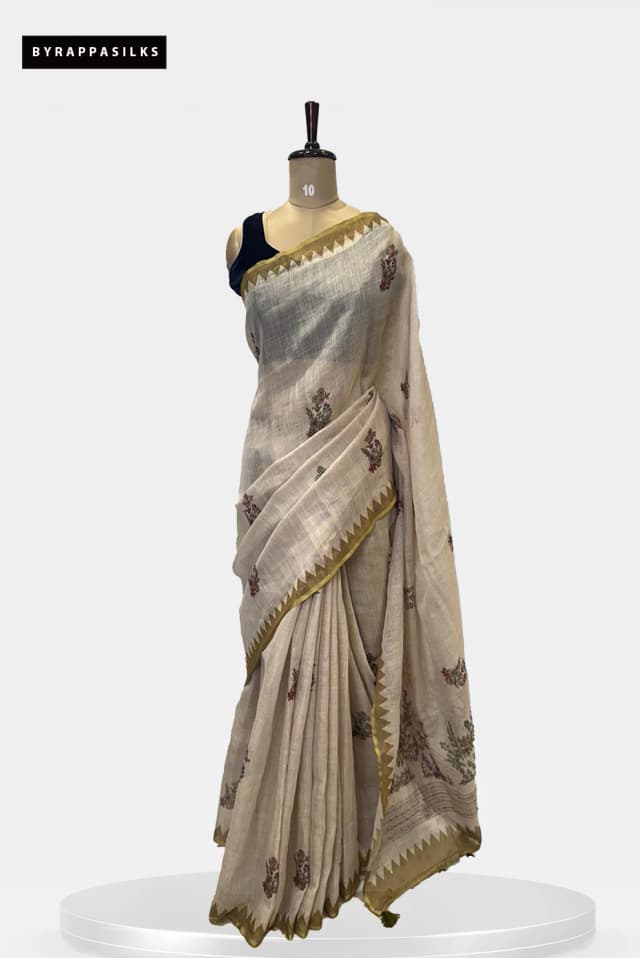 Semi Linen Handloom Beige & Gold Border QS272039