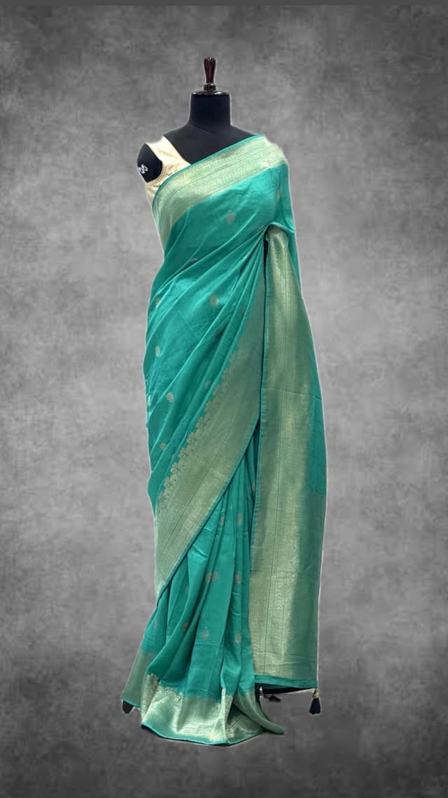 Habutai Banarasi Sea Green with Golden Zari Border & Polka Butta QS240726