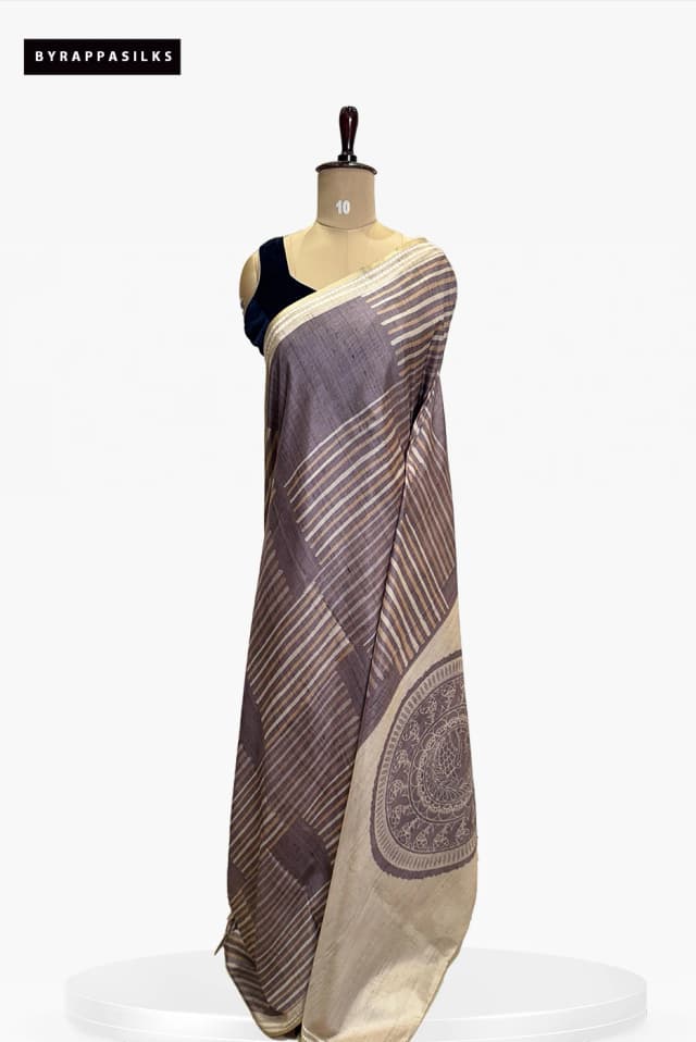 Semi Tussar Saree Diagonal Strip Design Ash Grey  QS267818