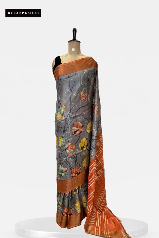 Pure Tussar Saree Grey Floral With Orange Border QS276305
