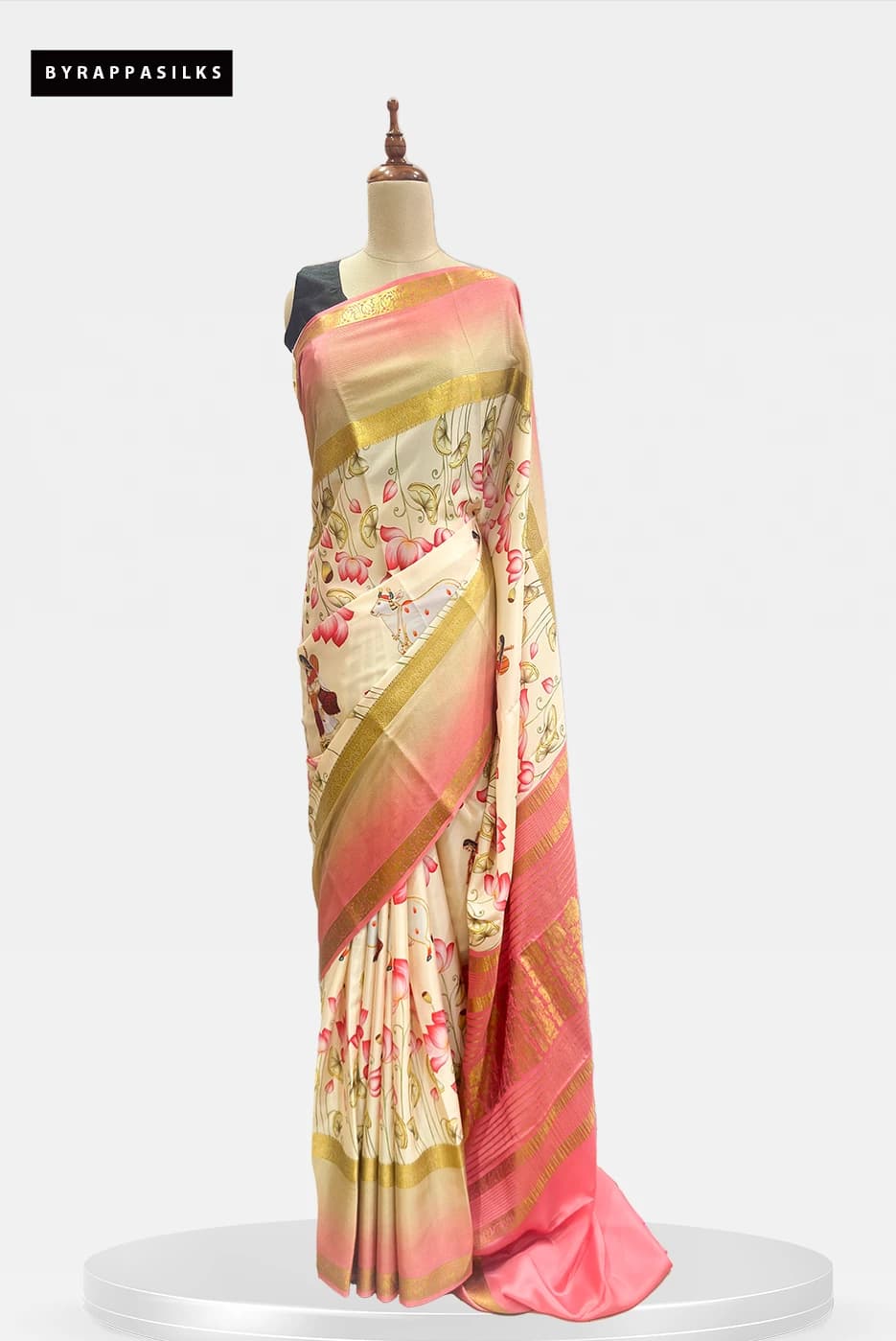 Mysore Silk Pure Crape Saree Cream & Pink Pichwai Print QS290884