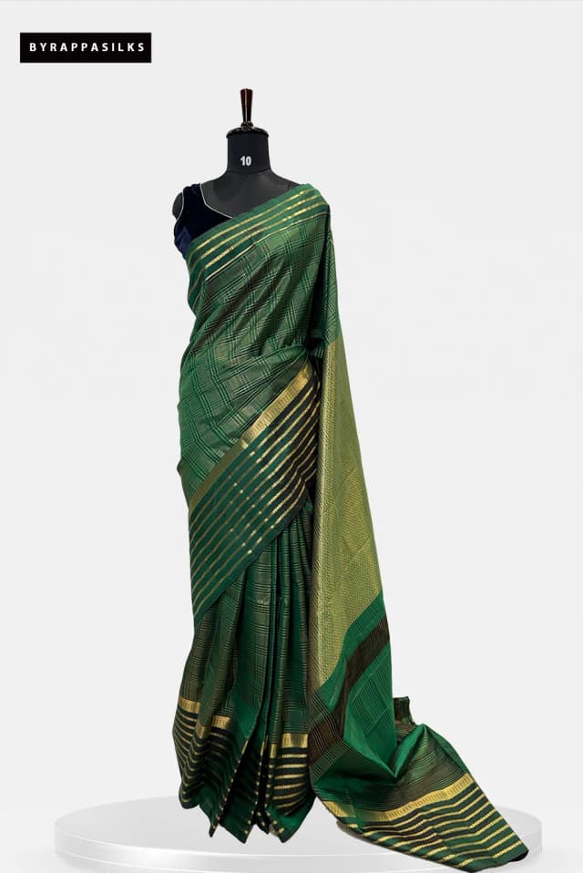 Pure Silk Green & Gold Saree with Zari Stripes QS271185
