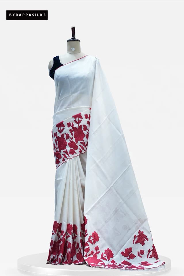 Kota Cotton Saree With Aplic Work Elegant Beige Organza Fabric with Red Cut work Floral Border QS264234