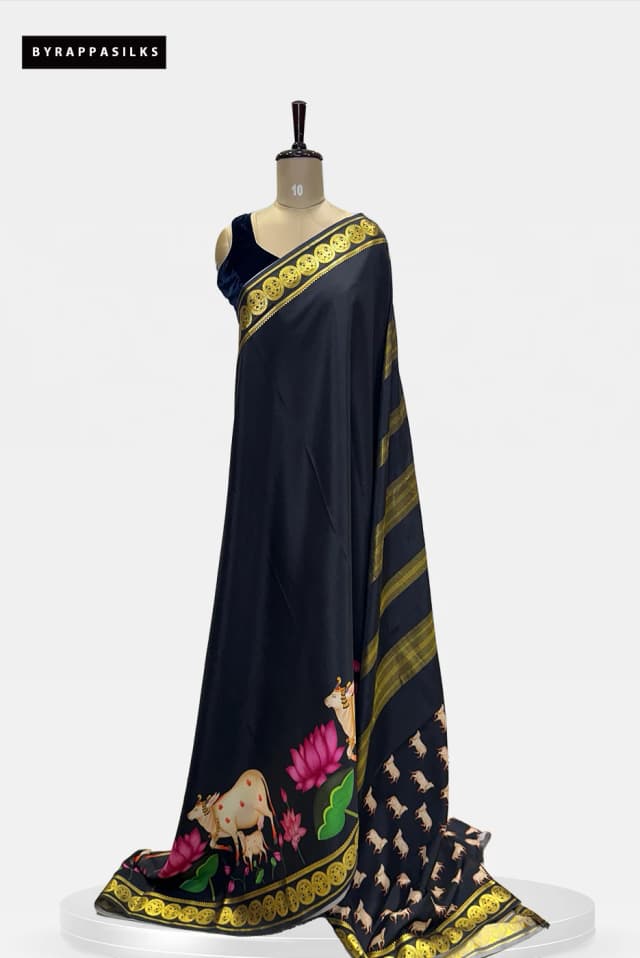 Pure Mysore Silk Saree Pichwai Design Black QS283436