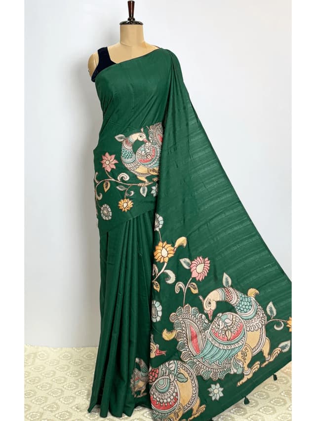 Tussar Aplic Printed Sare - Green Colour - QS242942