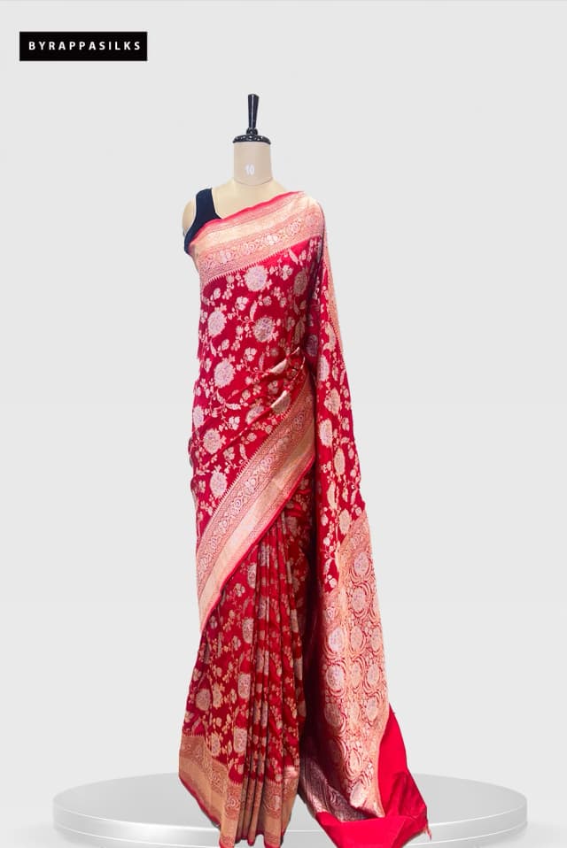 Pure Banaras saree With Gold Zari Floral Work Red Colour QS280547