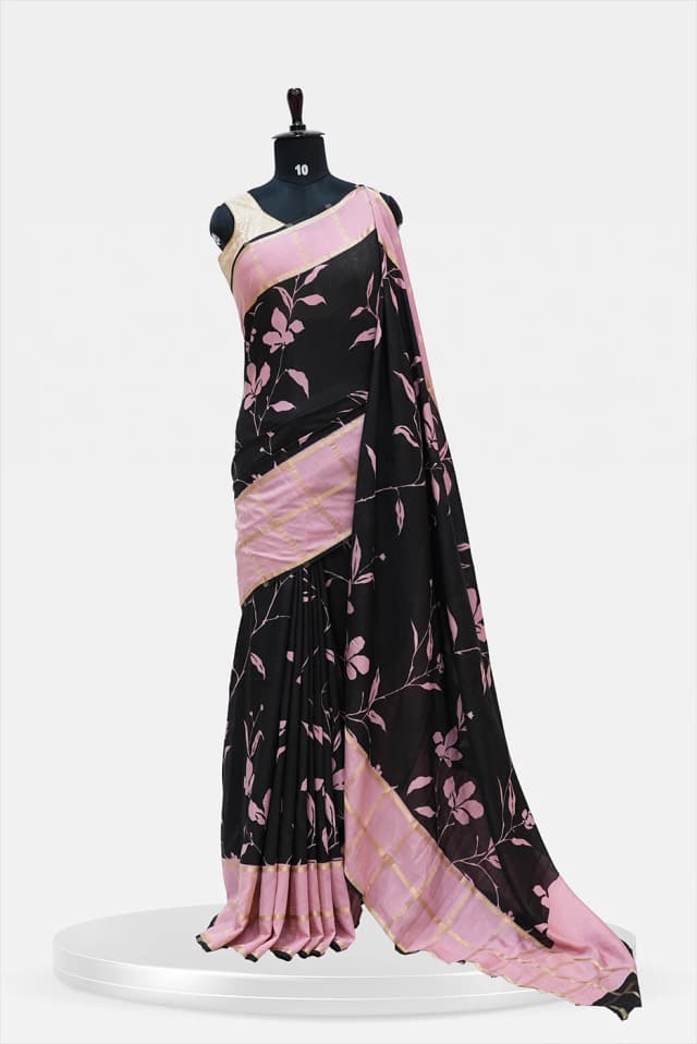 Chanderi Semi Silk Saree  Black & pink colour - QS251874