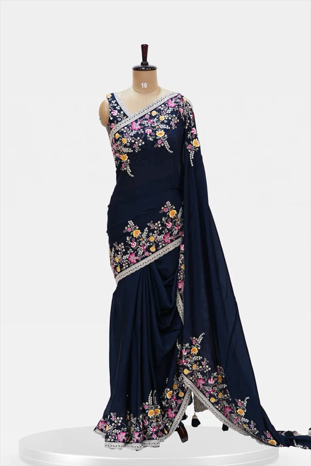 Partywear Banarasi  Saree  Multicolour floral .Deep navy with blouse- QS246340