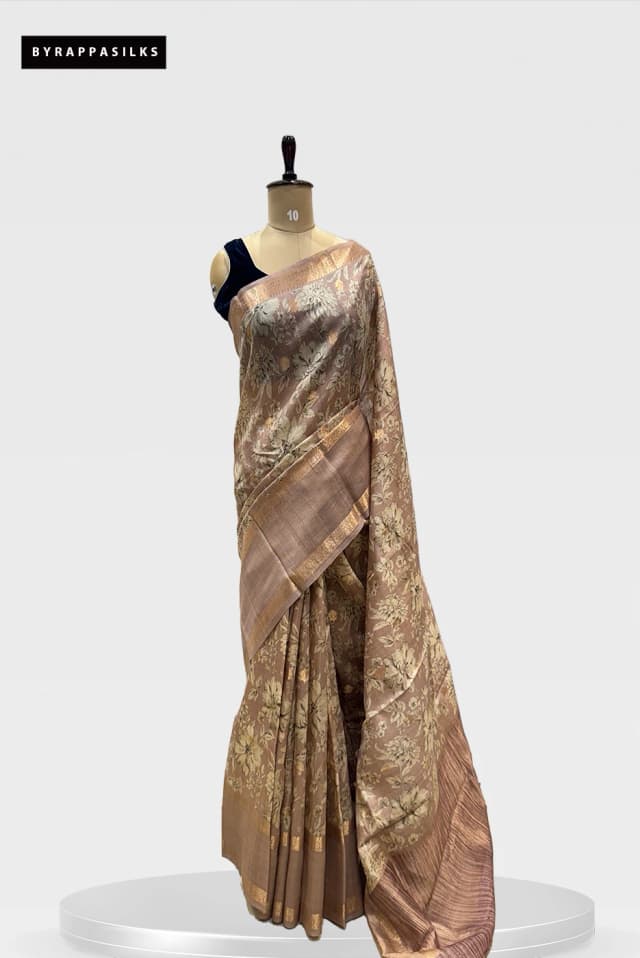 Pure Tussar Saree Mauve Brown With Floral Print QS276340