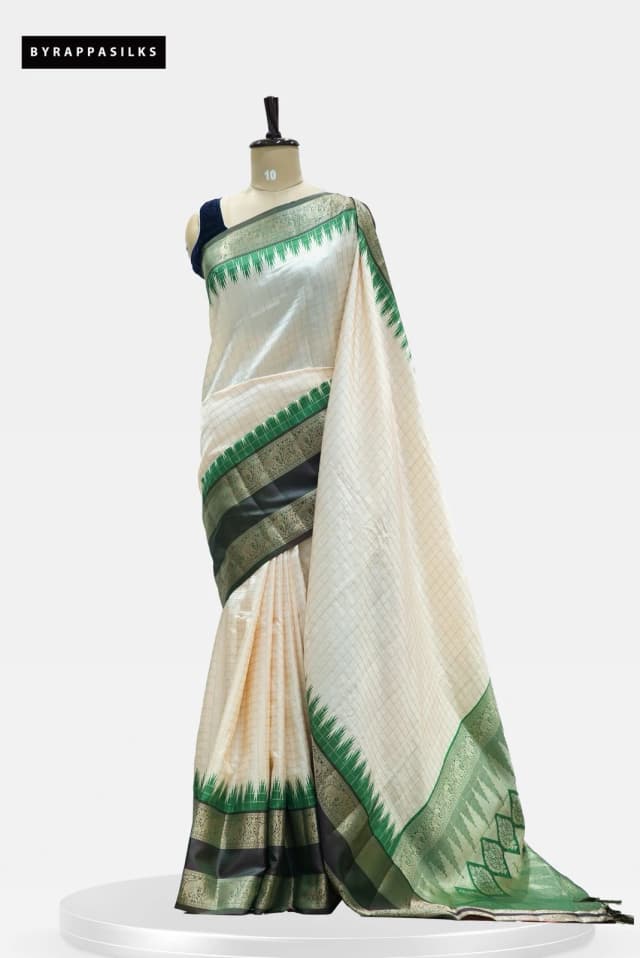 Traditional Tussar Saree White with Green & Black Temple Border QS268576
