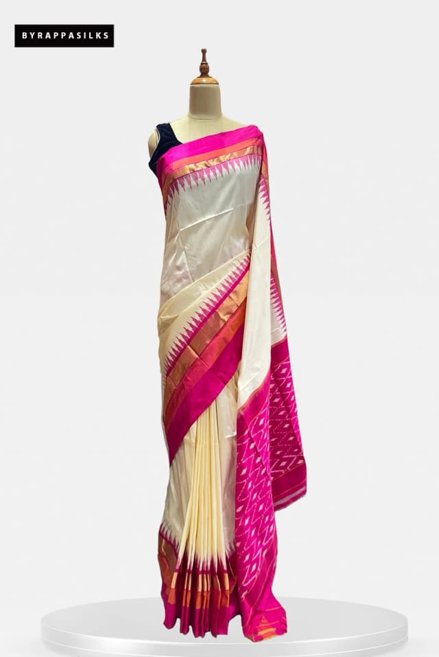 Pochampally Saree Olive Off White & Pink Border QS283982